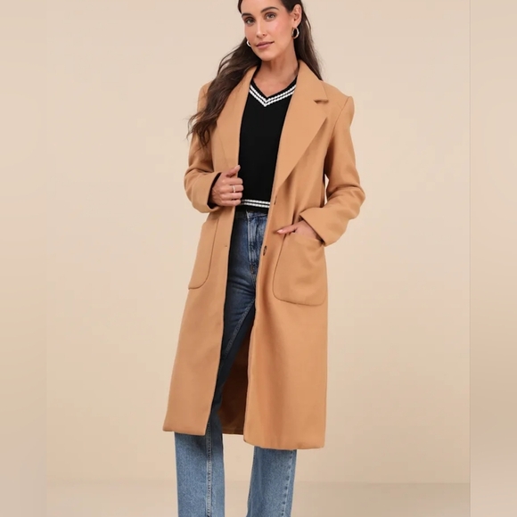 Lulus Jackets & Blazers - NWT Lulu's Style Squad Tan Long Coat with Classic Tailored Style